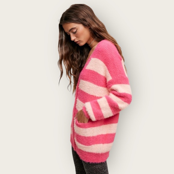 Talulah Striped Fuzzy Cardigan Sweater Pockets Pink Women’s Size Large - Picture 2 of 12